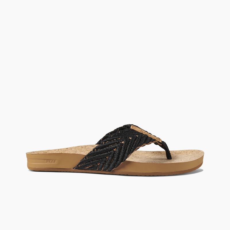 Women's Reef Cushion Strand Flip Flops Black / Beige | 8R4KOhtAAtt
