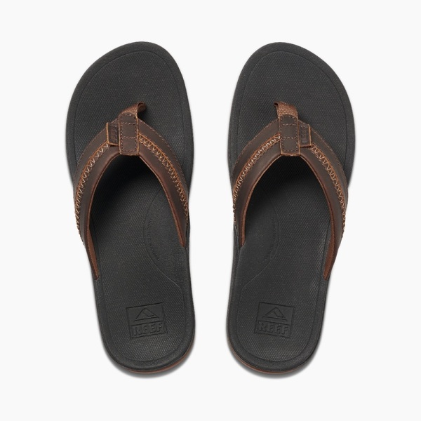 Men's Reef Leather Ortho-coast Flip Flops Black / Brown | AHsJDPfhGhi